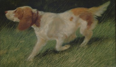 Arthur Heyer, 1872 Haarhausen-1931 Budapest, laufender Jagdhund, Öl/Holz, rechts unten signiert, ca. 17x29cm, R. ca. 28x40cm