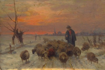Ernst Adolf Meissner, 1837 Dresden-1902 München, Schäfer mit seiner Herde in verschneiter Winterlandschaft, im Hintergrund Abendrot, Öl/Holz, ...