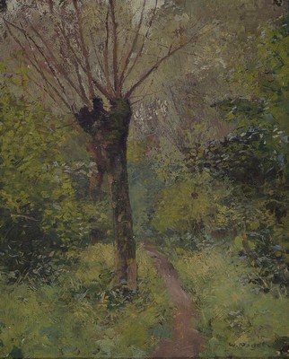 Wilhelm Nagel, 1866 Karlsruhe-1945 Baden-Baden, Waldinneres, Öl/Malkarton, rechts unten signiert, ca. 41.5x33.5cm, R. ca. 49x41cm