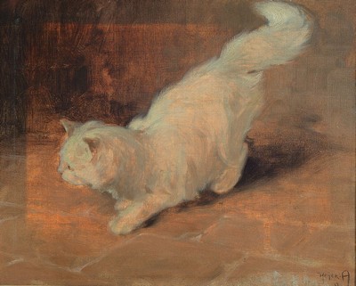 Arthur Heyer, 1872 Haarhausen-1931 Budapest, sich anschleichende Katze, Öl/Lwd, rechts unten signiert, ca. 34x42cm, R. ca. 41x49cm