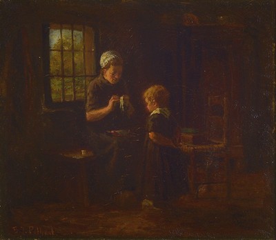 Bernard Pothast, 1882 Hal/Belgien-1966 Laren, Studium an der Akademie Amsterdam, hier: Interieur, die Mutter flickt die Puppe des Mädchens, Öl/Lwd, ...