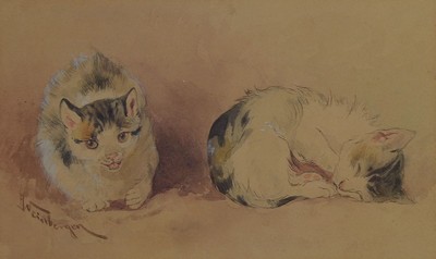 Anton Weinberger, 1843 München-1912 Taunusstein, zwei Katzen, Aquarell auf Papier, links unten signiert, ca. 15x25cm, PP, u.Gl., R. ca. 34x44cm, ...