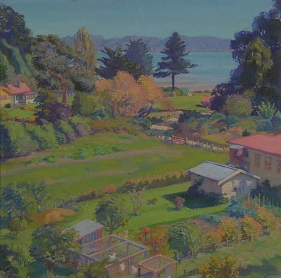 Betty S. Wishard, Künstlerin MItte 20. Jh., Garten am See, Öl/Malkarton, re. u. signiert und dat. 1965, ca. 43 x 44 cm, Rahmen: 56 x 57 cm