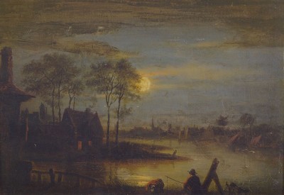 Unbekannter Niederländischer Traditionalist nach Aert van der Neers (1603-1677), 1.Hälfte 19.Jh., Nachtstück mit Angler am Fluss, Bildraum einzig ...