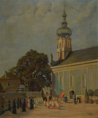 Rudolf Hess, datiert 1925, Prozessionszug wohl vor der Rokokokirche St. Maria im baden -württembergischen Bühl, Öl/Lwd, rechts unten signiert u. ...