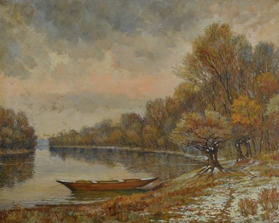 Albert Haug, süddeutscher Maler, verso bez. "Erster Schnee/Novemberabend am Altrhein", 1.H.19.Jh., rechts unten signiert, Öl/Holzplatte, ...