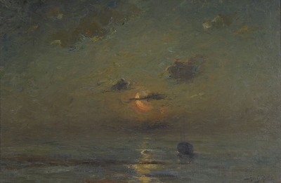 Henry Rul, 1862 Antwerpen-1942 Viersel, Mondsichel und Wolken über einem Fischerboot auf ruhiger See, Öl/Lwd, rechts unten signiert, ca. 40x58cm, ...