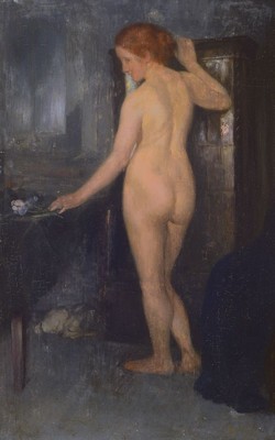 Hermann Neuhaus, 1863 Barmen - 1941 Wolfratshausen, Interieur mit stehendem Rückenakt, Öl/Holz, rechts unten signiert: H. Neuhaus 1907, ca. ...