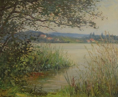 Unbekannter Künstler des frühen 20. Jh., Landschaft am Bodensee, Öl/Lwd, links unten unleserlich signiert, ca. 46x57cm, R. ca. 56x 66cm