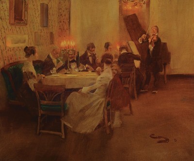 Wilhelm Schreuer, 1866 Wesel-1933 Düsseldorf, Abendgesellschaft beim Hauskonzert, Öl/Malkarton, rechts unten signiert, ca. 49x58cm; R. ca. 55x65cm