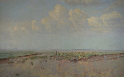 Arthur Verbeeck, belgischer Maler des frühen 20. Jh., Schäfer mit seiner Herde in weiter Landschaft, Öl/Lwd, rechts unten signiert und bez.: ...