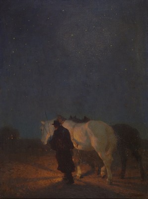 Albert Reibmayr, 1881 Linz-1941 Kleve, Mann mit zwei Pferden und einer Laterne auf dem Heimweg unter weitem Sternenhimmel, im Hintergrund ein ...