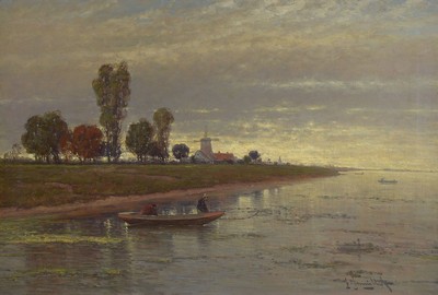Johann Jungblut, 1860 Saarburg-1912 Düsseldorf, Uferlandschaft mit Windmühle und Fischer in ihrem Boot, Öl/Lwd, rechts unten signiert, ca. ...