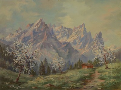 Kenneth Baker, 1921 - 1996, britischer Landschafts- u. Genremaler, Zwei Alpenlandschaften im Frühling, malerische Auffassung u. kontrastierende ...