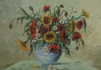 Kenneth Baker, 1921 - 1996, britischer Kunstmaler, Blumenstillleben mit Sonnen- und Mohnblumen, pastoser Farbauftrag in grober Pinselführung, links ...