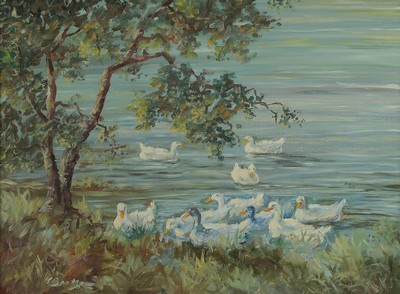 Kenneth Baker, 1921 - 1996, britischer Kunstmaler, Uferlandschaft mit Entengruppe, links unten signiert, Öl/Hartfaserplatte, R., ca. 52x69/73x79 cm