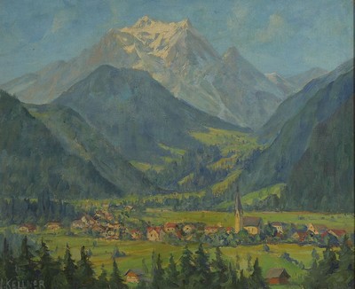 Josef Kellner, 1876 Wien, Landschaftsmaler, war in Tirol ansässig, Studium an der Wiener Akademie, hier Alpenlandschaft mit Dorfansicht, Öl/Lwd, ...