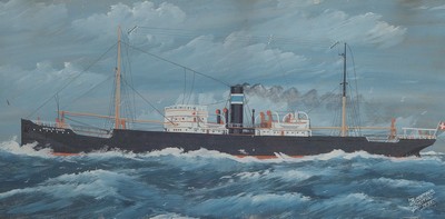 Kapitänsbild, R. Mattson, Stettin, 1935, Darstellung der Niels.R. Finsen, Dampfschiff, Gouache/Papier, l. Altersspuren, ca. 30 x 61 cm, unter Glas, ...