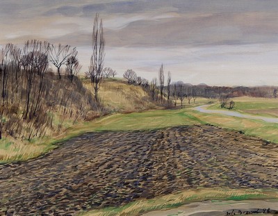 Werner Brand, 1933-2021, Aquarell/Papier, Landschaft, Am Ackerrain, rechts unten signiert und datiert 96, ca. 36x46cm, PP, u. Gl., R. ca. 67x77cm