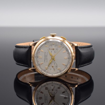 CHRONOGRAPH SUISSE Armbandchronograph in RG 750/000, Schweiz um 1945, Handaufzug, gedr. 3-tlg. Geh., Metall-Innengeh., silb. Zifferbl. rest., gold. ...