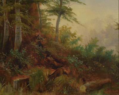 C. Schleihardt, Maler der 2. Hälfte des 19. Jh., Jäger nähert sich dem erlegten Reh, Öl/Lwd, rechts unten signiert, ca. 40x50cm, R. ca. 54x64cm