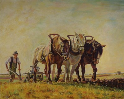 W. Bachmann, datiert 1942, Pflügender Bauer mit drei Pferden, Öl/Lwd, rechts unten sign.: Bachmann w. 1942 Kop., ca. 80x100cm, R. ca. 96x116cm, ...