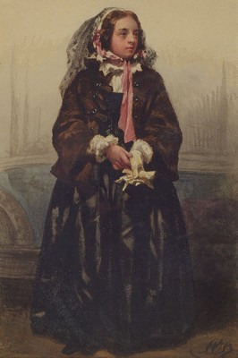 Zuschreibung: Christan Friedrich Arnold, 1823 Dresden-1890, Ganzporträt einer jungen Frau, Aquarell auf Papier, rechts unten Monogr., ca. 33x22cm, ...