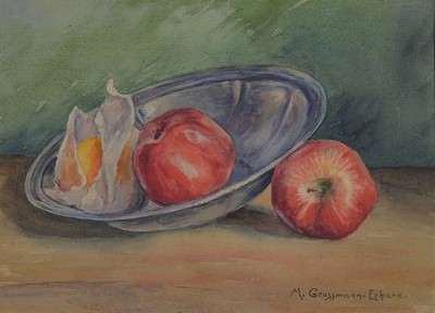Margarethe Grossmann-Erhard, 1878-1962, Stillleben mit Zinnschale und Äpfeln, Aquarell auf Papier, rechts unten signiert, Ca. 22x30cm, PP, u.Gl., R. ...
