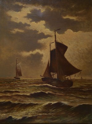 Hendrik Verhaaf, 1881-1970, Fischerboote in Meeresbrandung, Öl/Lwd, rechts unten signiert, rückseitig mit persönlicher Widmung von 1944, ca. ...