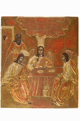 Ikone, Russland, 19. Jh., Holz geschnitzt und goldfarben gefasst, Gesichter Tempera, Diedrei Engel bei Abraham nach Gen. 18, 1-33, ca.32x27.5cm