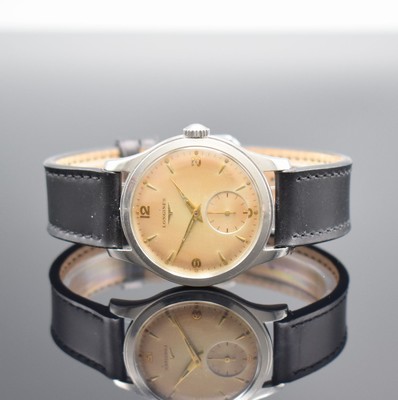LONGINES Herrenarmbanduhr Ref. 6263 21 in Stahl, Schweiz um 1953, Handaufzug, 2-teil. Geh., Boden geschr., bräunl. pat. Zifferbl. m. aufges. gold. ...