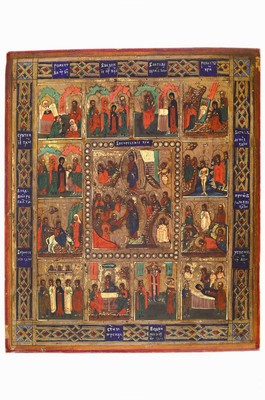 Festtagsikone, Russland, 2. Hälfte 19. Jh., 13 Felder mit Vitaszenen aus dem Leben Christi, Tempera auf Holz, ca. 31x26.5cm