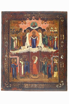 Ikone, Russland, 2. Hälfte 19. Jh., Gottesmutter Pokrow, Tempera auf Holz, ca. 26.5x22cm