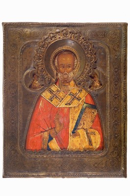 Ikone, Russland, 2. Hälfte 19. Jh., Hl. Nikolaus, Tempera auf Holz, Oklad aus ziseliertem Messing, ca. 18x14.5cm