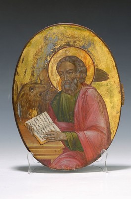 Ikone, Russland, um 1900, Der Evangelist Markus, Tempera auf Holz, goldgrundig, im Oval ca. 26.5x21cm