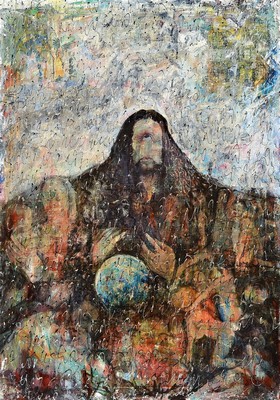 Ungedeuteter Künstler des 20.Jh, Collage in Mischtechnik/Lwd, zentrale Figur einer zyklopenhaften Majestas-Domini unter Verwendung von Dürers ...