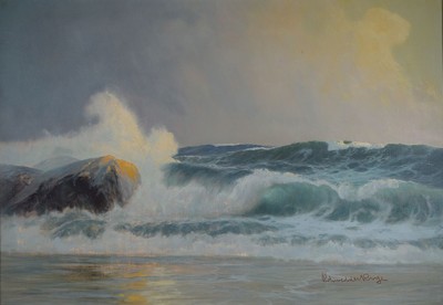 Karl Rowedder-Ruge, 1865 Hamburg - 1940, Marine und Küstenmaler, viele Motive der Nord- und Ostsee, hier: Brandung in der Dämmerung, re. unten ...