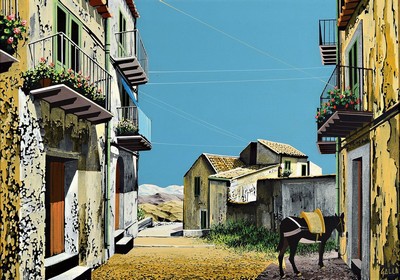 Giuseppe Galla, geb. 1935, italienischer Künstler, Ansicht eines wohl italienischen Dorfes, aus der Farbfläche herausgearbeitet, rechts unten ...