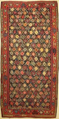 Antiker Karabagh Kelim, Kaukasus, 19. Jhd, Wolle auf Wolle, ca. 405 x 201 cm, EHZ: 2, (Fleckig)