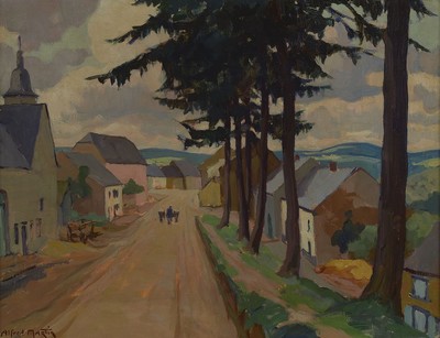 Alfred Martin, 1888 - 1950, Straßenansicht in Mittelgebirgslandschaft, Öl/Lwd, li. unten signiert, ca. 50 x 65 cm, leichte Altersspuren, Rahmen, ...