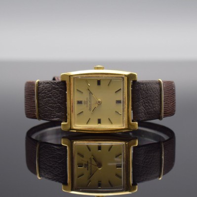 Jaeger-LeCoultre Armbanduhr in GG 750/000, Schweiz um 1970, Handaufzug, rechteck. Geh. teils angel., Boden aufgedr., gold. Zifferbl. m. gold. aufges. ...