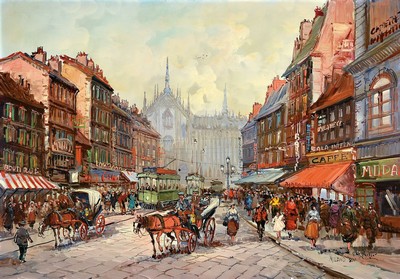 Guglielmo de Giorgio, 1934-1994, italienischer Künstler, "Milano 800", belebte Mailänder Straßenszene mit Blick auf den Mailänder Dom, ...