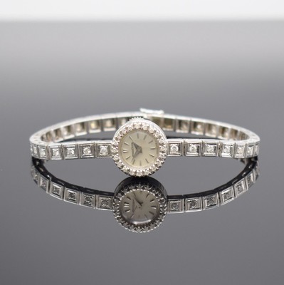 Jaeger-LeCoultre ausgefallene, Diamantbesetzte Damenarmbanduhr in WG 750/000, Schweiz um 1945, Handaufzug, 2-fach verschr. Geh. m. rückseitiger ...