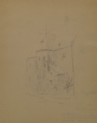 Carl Spitzweg, 1808 München-1885, Blick auf ein bewachsenes Gebäude, Bleistift auf Papier, seitlich rechts Signaturstempel, ca. 27x21cm, PP, u.Gl., ...