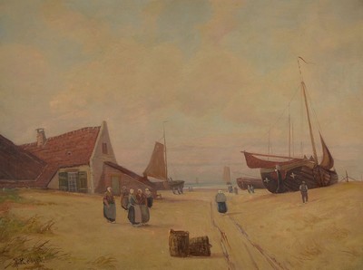 Julius Hollert, norddeutscher Maler des 19. Jh., Fischerboote auf dem Strand vor dem Dorf, Öl/Lwd, links unten signiert, ca. 60x80cm, R.