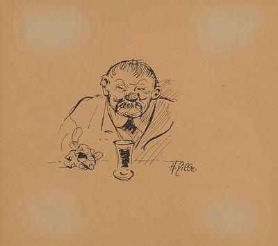 Heinrich Zille, 1858-1929, Federzeichnung, Porträt eines rauchenden Herren vor Likörglas, rechts unten sign., unter Glas gerahmt, ca. 26x31 cm
