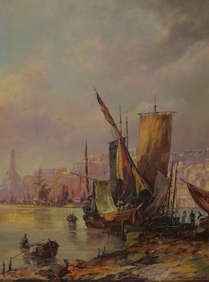 Heinz Wolf, 1920-1991, Frankfurt/M., Hafenansicht mit Fischerbooten, Öl/Malkarton, rechts unten signiert, ca. 60x45cm, R. ca. 67x53cm