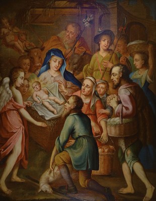 Unbekannter Künstler der 2. Hälfte des 19. Jh., Die Geburt Christi, vielfigurige Szene im Stall zu Bethlehem, Öl/Lwd, rest., altersbedingt ...