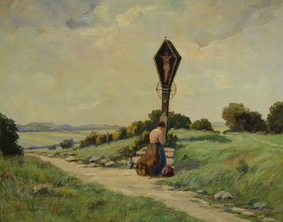 Heinrich Weckauf, 1885-1963, deutsche Landschaftsmaler, Junge Frau vor einem Flurkreuz/Bildstock, leicht erhöhte Szene eingebunden in weite ...