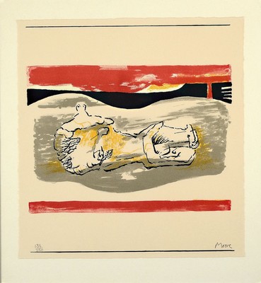 Henry Moore, 1898-1986, Farblithographie, handsigniert und num. 136/250, unter Glas, Blatt ca. 23,5x22,5 cm, gesamt ca. 30,5x28 cm